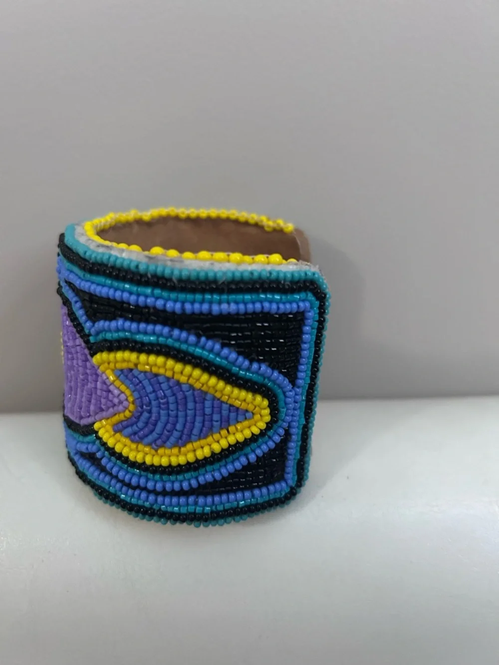 Handmade Adjustable Beaded Floral Cuff Bracelet - Purple & Yellow - Picture 3 of 9